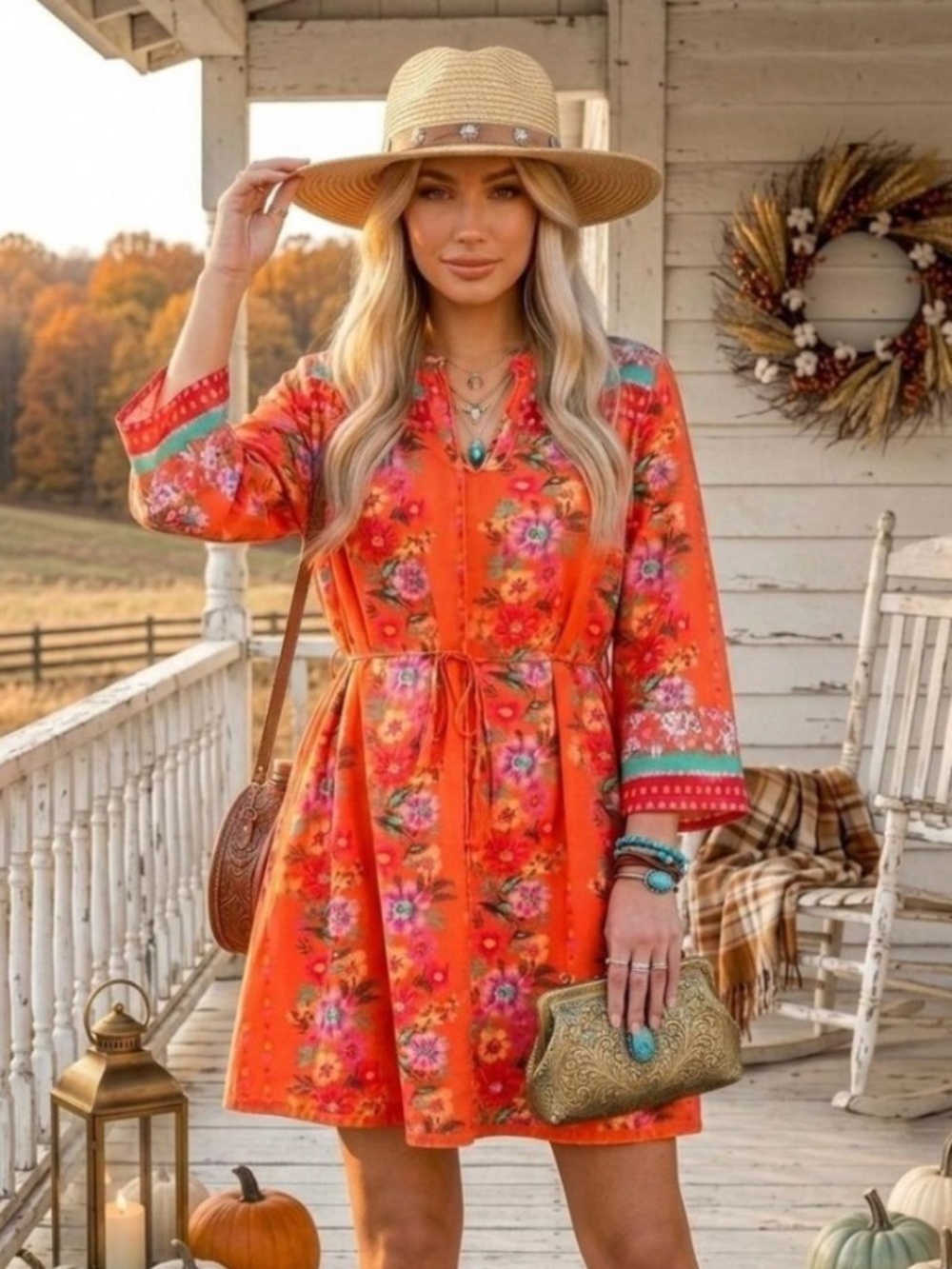 FATE Orange Boho Floral Western Romance Mini V Neck Waist Tie Mini Dress Medium